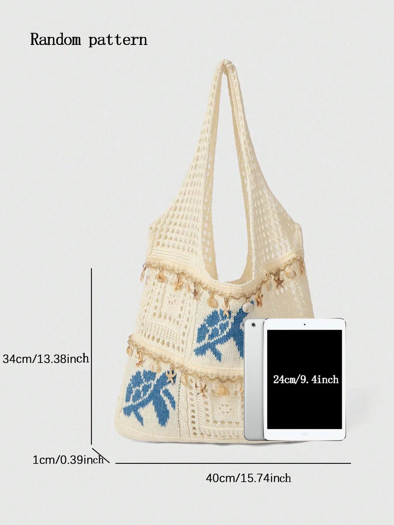 Vacation style simple and personalized hollow knitted turtle tote bag, shell, starfish, tassel hanging accessories, wide shoulder strap, large capacity beach bag, suitable for beach play and outdoor travel