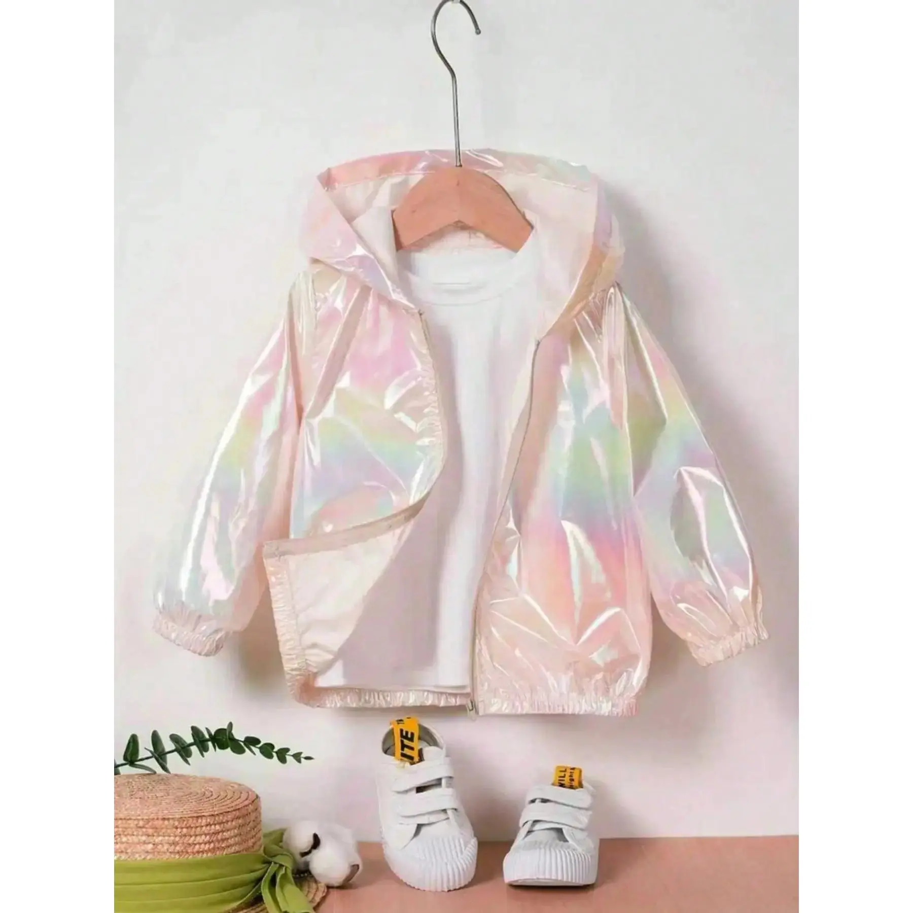 Girls' Colorful Long Sleeve Hooded Jacket, Shiny Bright Casual Top, Comfortable Fashion Outerwear for Daily Wear