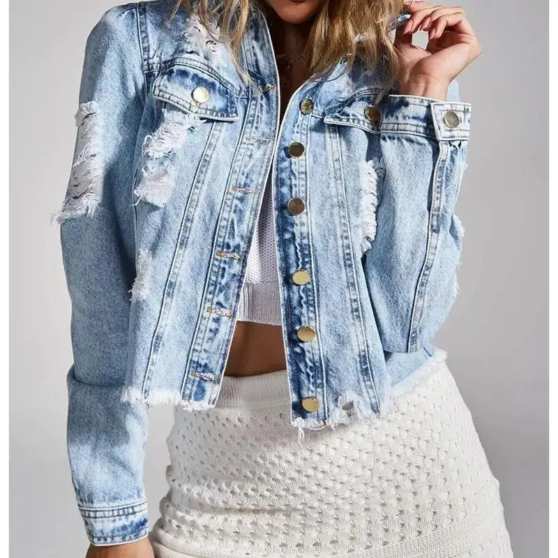 Fashion Women's Ripped Burr Denim Coat