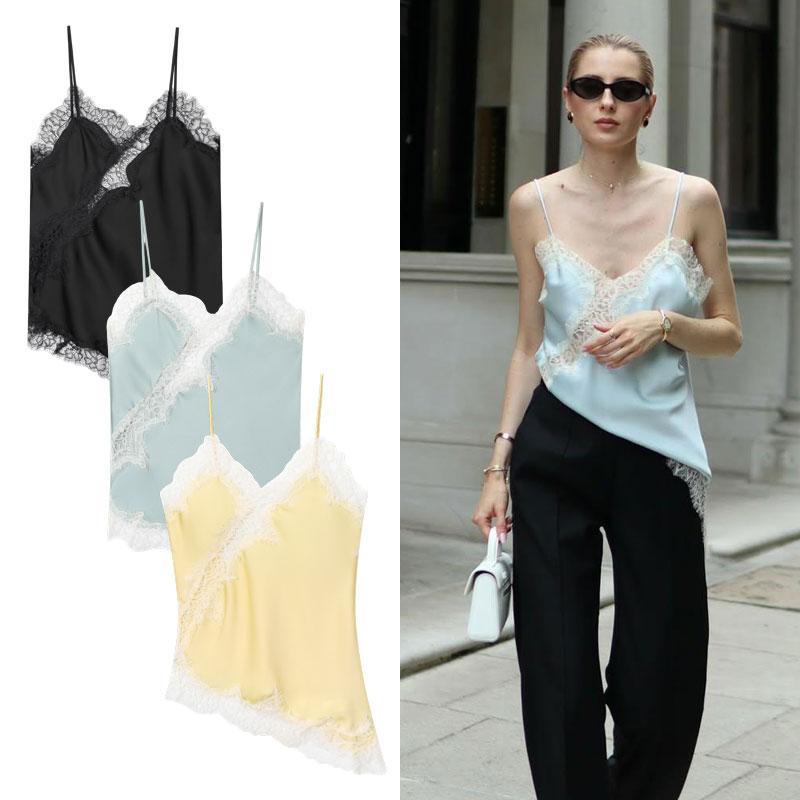 Women Summer Lace Asymmetrical Top Tanks & Camis Sleeveless Top With Open Back Crisscross Back Tank Cute Camisole Street Style Casual Tops Black Yellow Slip Top Vacation Spot Party Blue Top