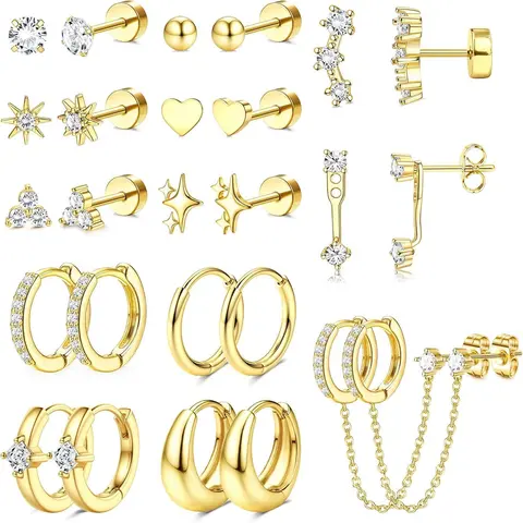 CASSIECA Hypoallergenic Surgical Steel Flat Back Earring Set 14K Gold Plated Star Heart CZ Studs, Trendy Cartilage Chain Hoops, Dainty Stacking Earrings for Multiple Piercings, Daily Wear Accessories for Women Sohochic