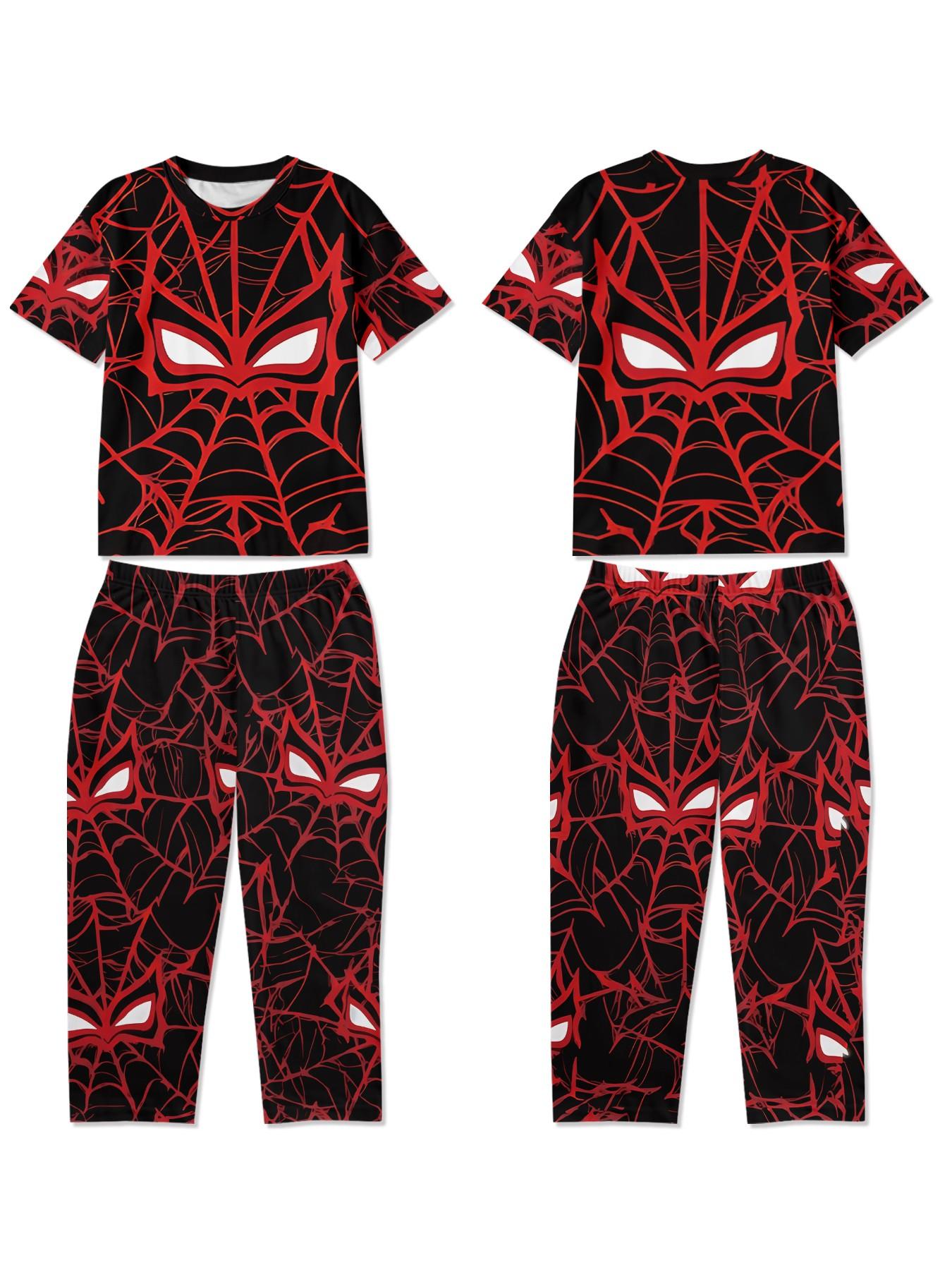 Spider Web Cool Hero 2-Piece Boys' Digital Print Short-Sleeve Pajamas with Long Sleep Pants, a stylish, trendy, casual, comfortable and soft pajama set, suitable for boys' sleep and home leisure, a perfect gift for boys
