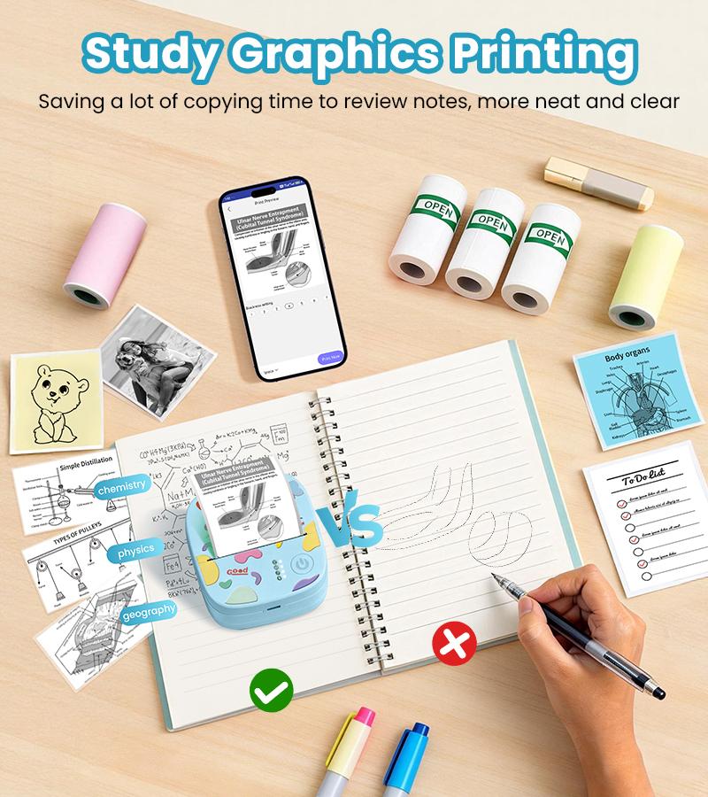 [Springglowup] XenGro Mini Printer Bluetooth included 3 Roll label Thermal Pocket Printer,Inkless Small printer B&W Printing Only for Photos, Study Notes, Lists,Memos, Journals Printing Machine Sticky Label, Birthday Gifts for Kids Girls Boys Blue