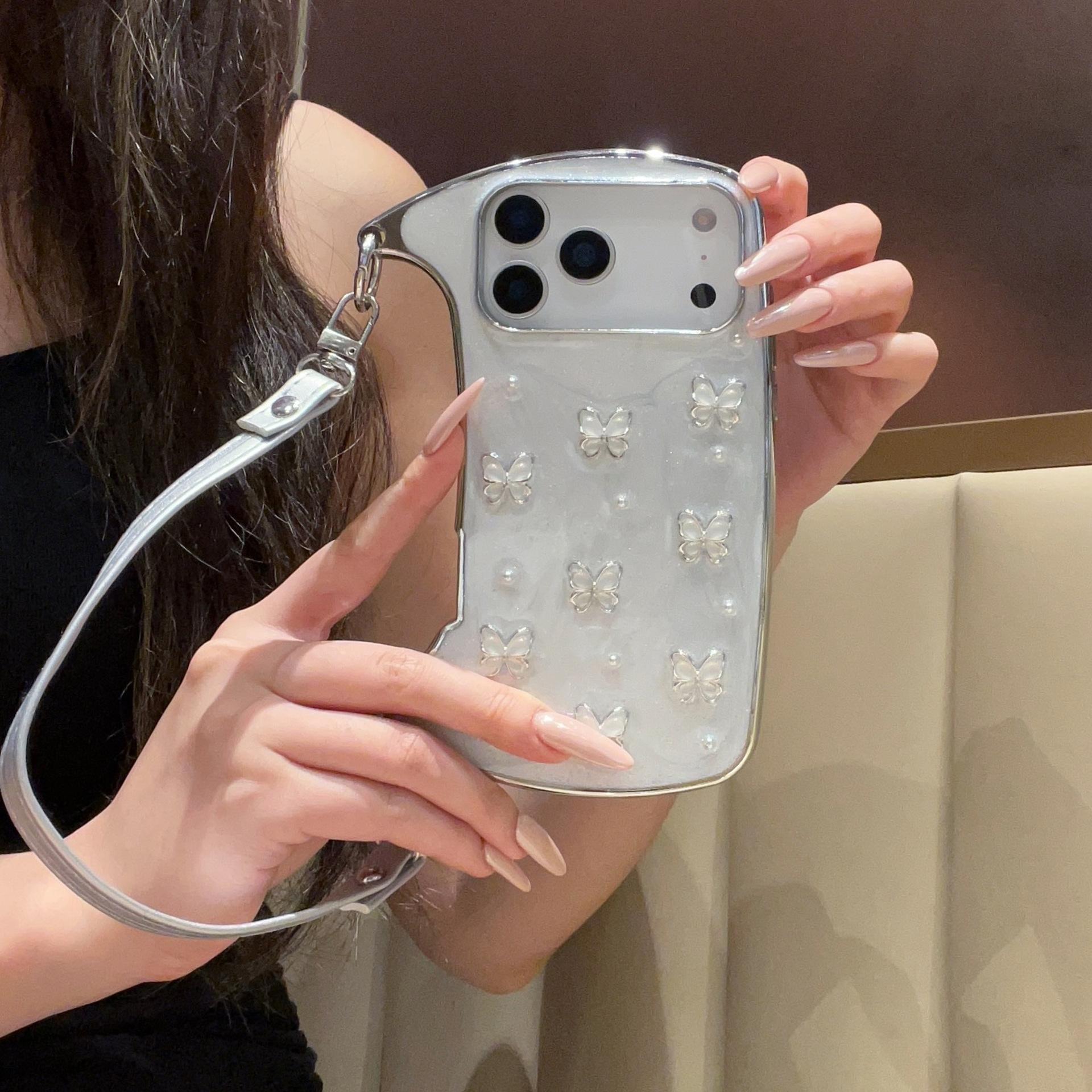 (Case & Nova) Luxury Drip Glaze Mini Handbag-Shape Chrome Case, Electroplated Frame, Pearl Butterfly Decor, Detachable Strap/Wrist Strap, Anti-Drop Shockproof Slim Hard Cover for iPhone 17 Pro Max,16,15,14,13,12,11 Cute Mobile Phone Accessory, Silicone Sh