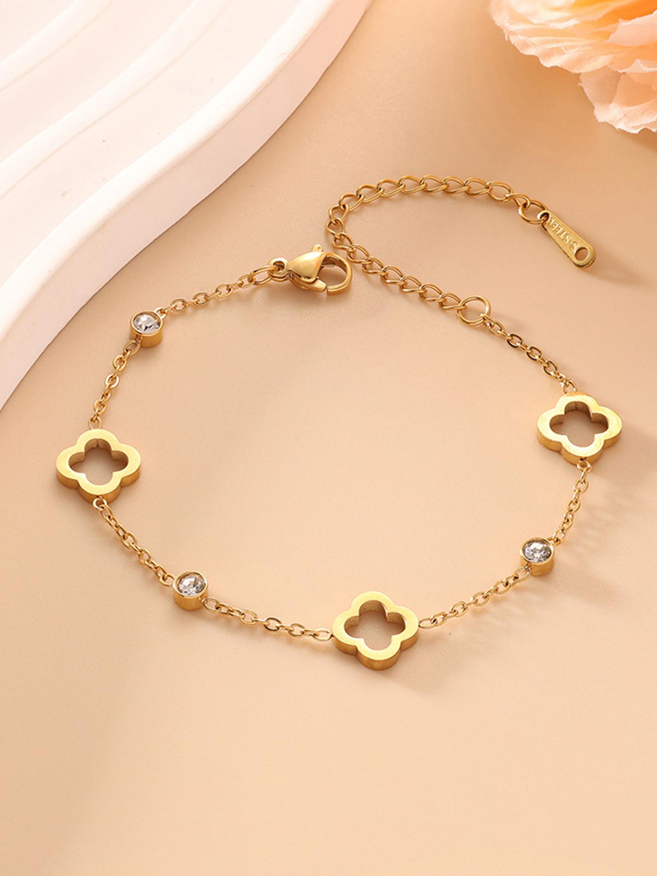 Fashion Hollow Out Lucky Clover Stainless Steel Zircon Bracelet, Simple Daily Versatile Women's Hand Chain, Elegant Ladies' Accessory, Elegant Jewelry Bracelet