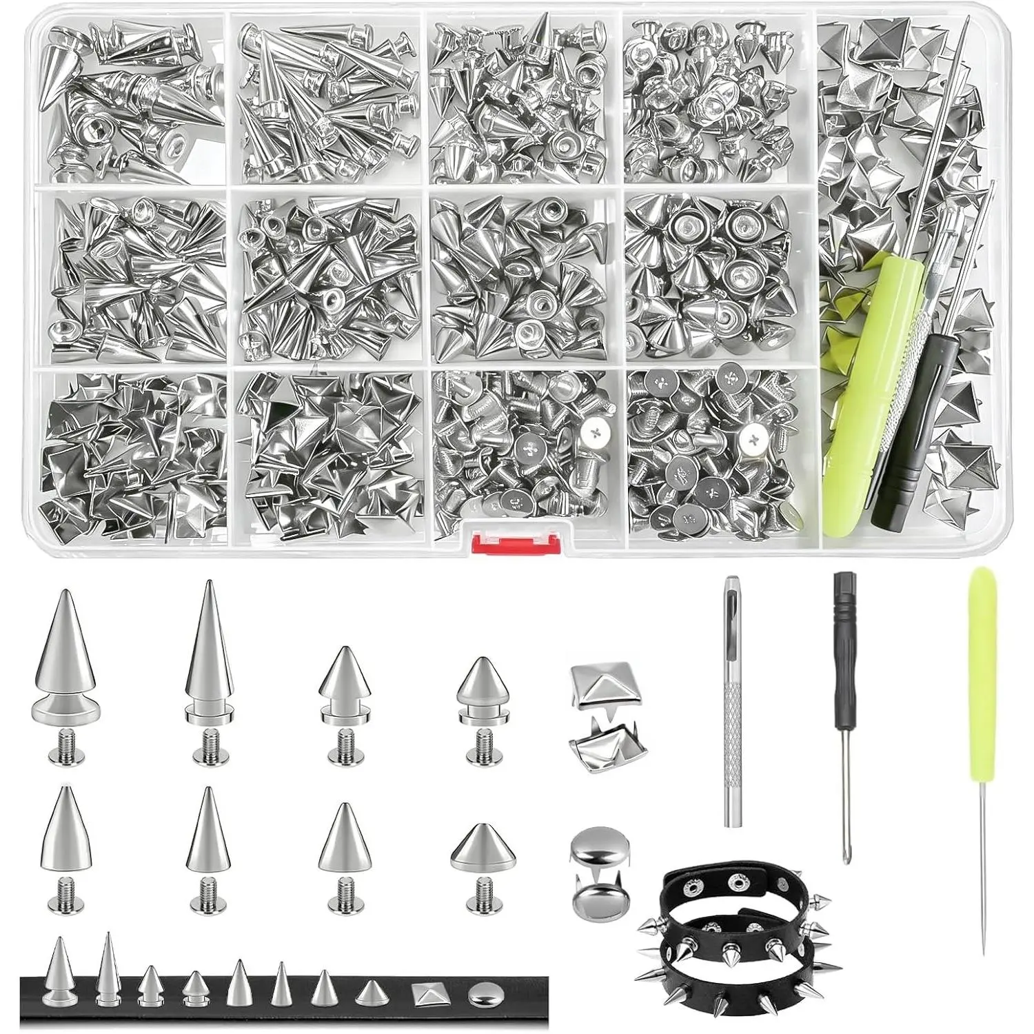 600PCS Metal Studs & Spikes Punk DIY Accessories Kit, 8 Sizes Cone Pyramid Screwback Studs Rivets for Clothes Bags Purse Collar Leather Craft