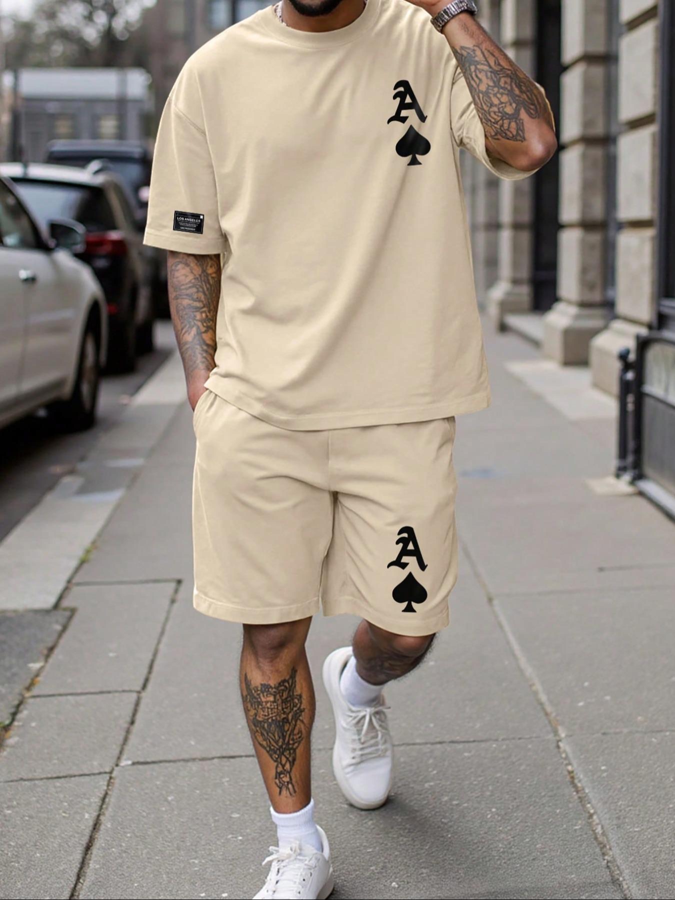 Two-Piece Set Men's Regular Fit Spade & Ace Print Short Sleeve Tee & Shorts, Casual Round Neck T-shirt & Track Shorts, Men's Summer Clothes