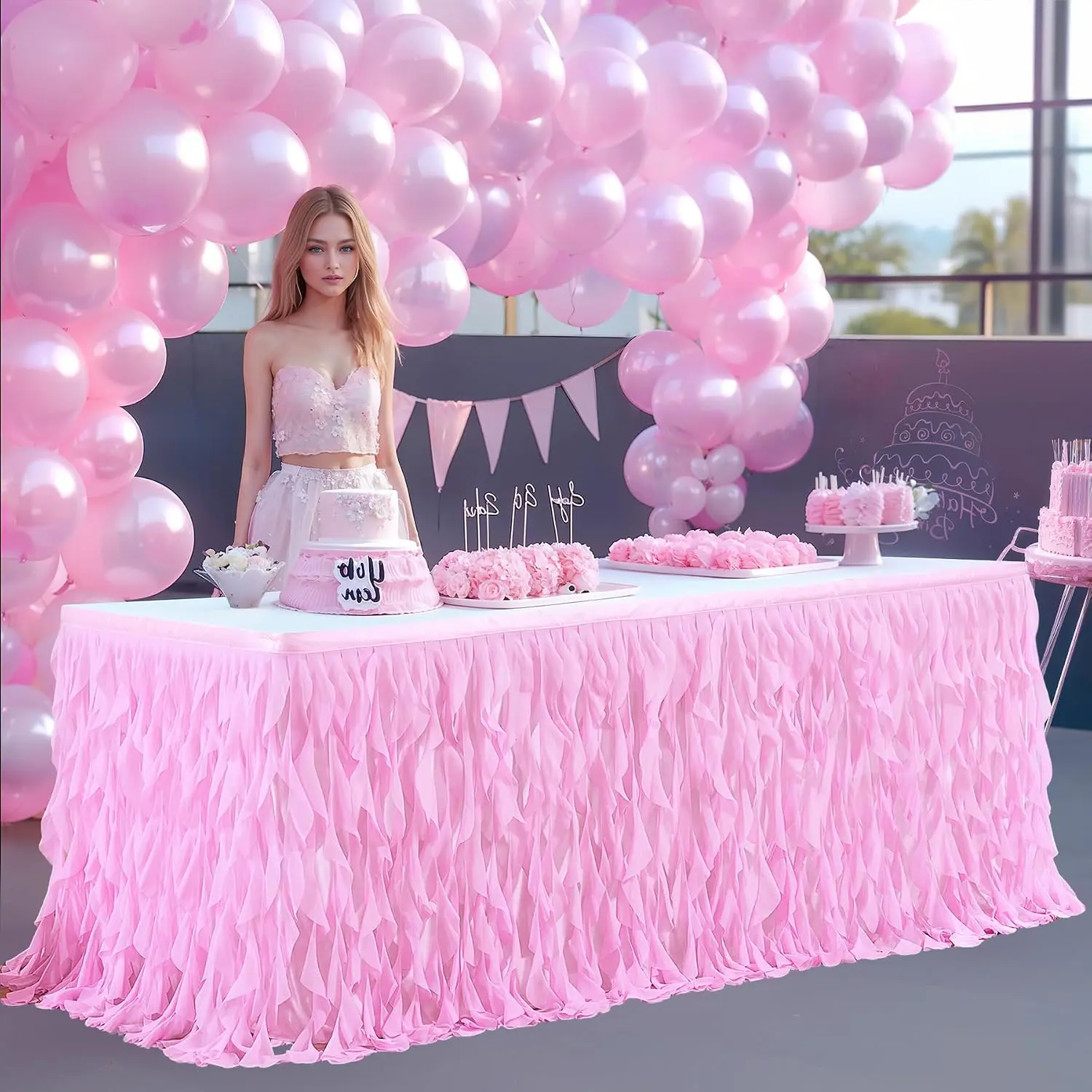 PARTISKY Pink Tulle Curly Willow Ruffle Festive Style Table Cover for 6ft Rectangle Tables, Ideal for Baby Showers, Birthday Parties, Romantic Holiday Special Events