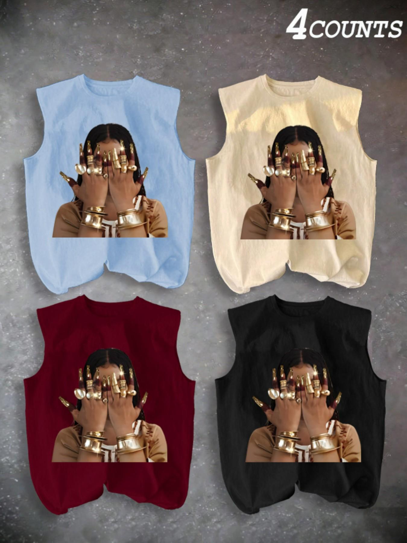 Men's Four-Piece Set Casual Sleeveless Tank Tops, Patterned Tank Top, Ring Pattern Print, Summer Vacation Party Daily Wear, Comfortable Inner Outerwear