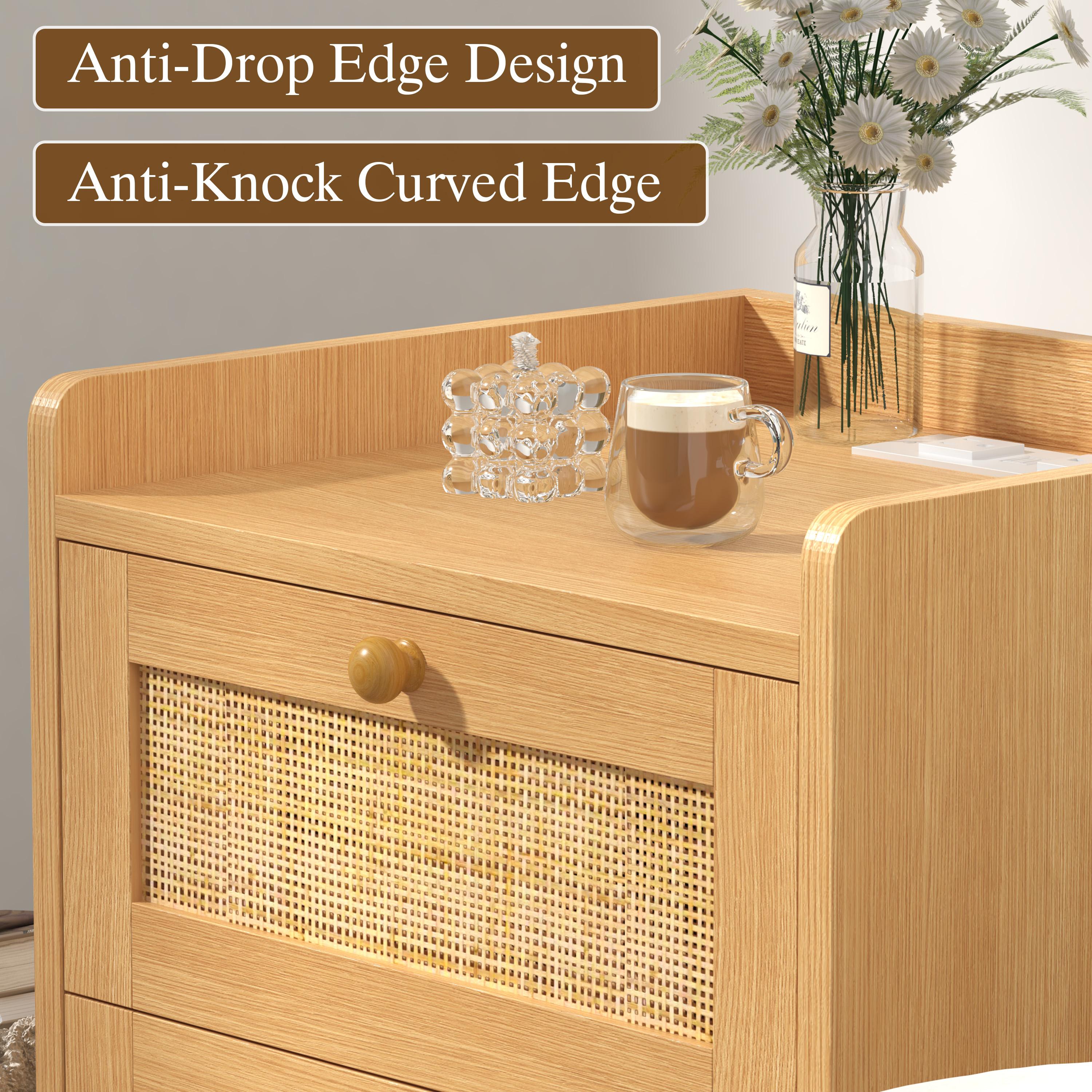 Rattan Nightstand with Charging Station, Rattan Boho End Table with 2 Drawers Bedroom Bedside Side Tables Natural Night Stand for Living Room,Bedroom,Dorm Room Essentials