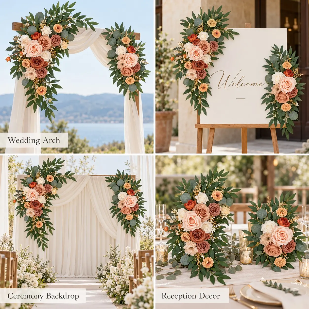 Boho Terracotta Burnt Orange Floral Arch Swag Set | 60cm & 40cm Artificial Rose with Eucalyptus Greenery, Wedding Backdrop & Party Decor, Reusable Fake Flowers