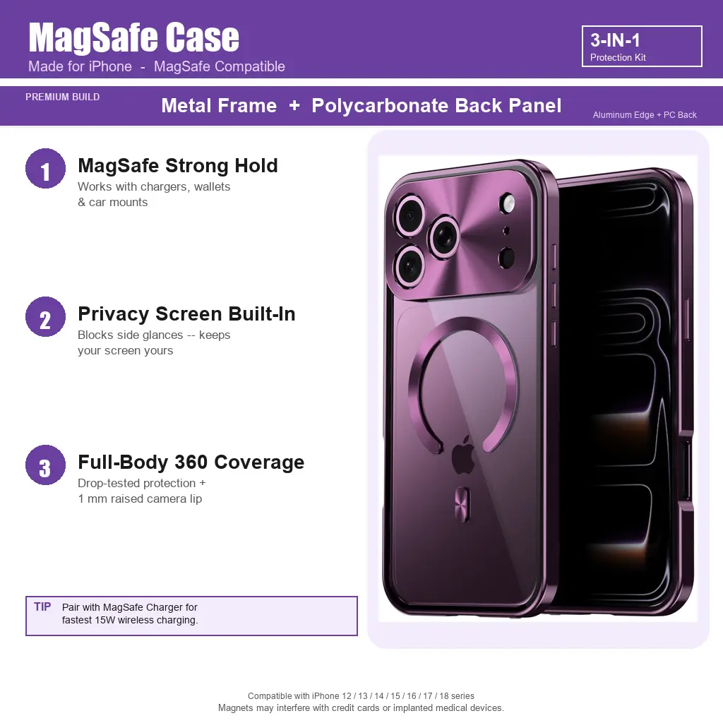 MagSafe Protective Case for iPhone 17, 17 Pro Max, 18, 18 Pro Max - Non-Metallic Plastic Back, Metallic Frame, Safety Privacy Protection, Camera Protection, Aluminum-Compatible, Screen Protector, Shock Resistance, Magnetic Charging Mobile Phone Accessory