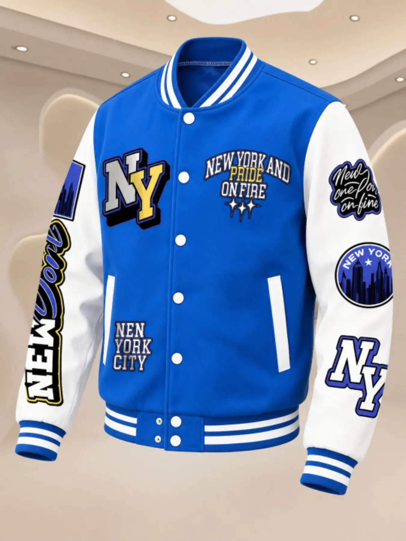 Men's Spring Fall Street Style Baseball Jacket, Colorblock Ny Letter Badge Print, Campus Button Front Casual Coat, Trendy Outerwear