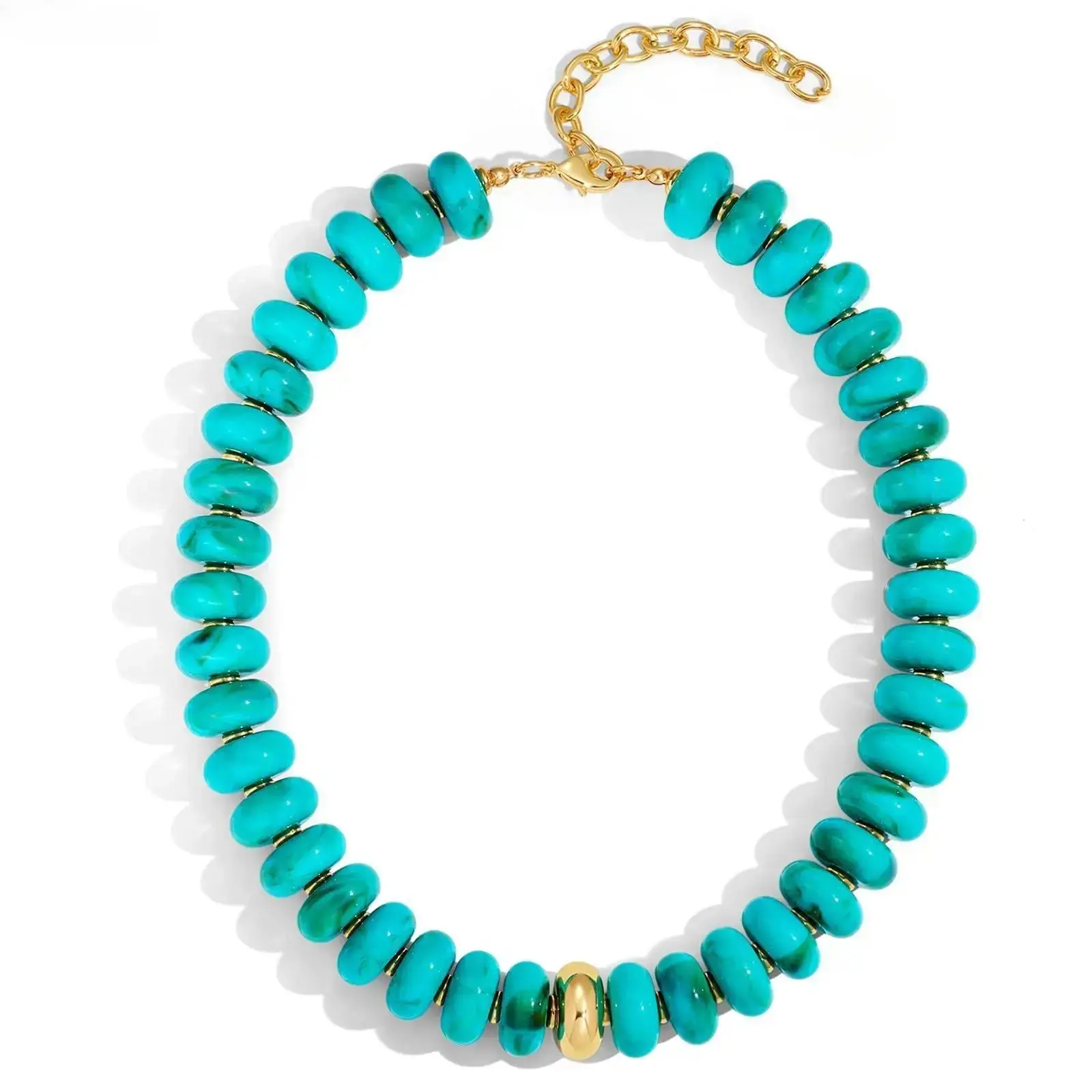 Chunky Beads Turquoise Choker Necklace - Gold-Accent Disc Beads, Marbled Blue Statement Jewelry, Adjustable Chain for Retro Outfits & Fall Fashion