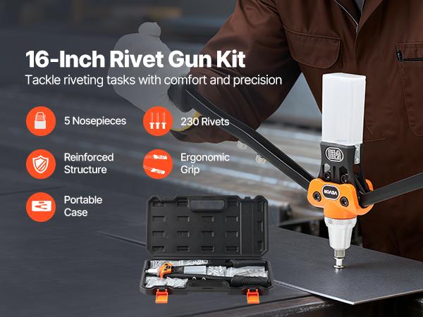 VEVOR Pop Rivet Gun Kit, with 230 Blind Rivets, Two-Handed Riveter with 5 Interchangeable Nosepieces, 5 Drill Bits, and a Carrying Case, Manual Riveting Tool for Metal, Automotive, Home, and DIY