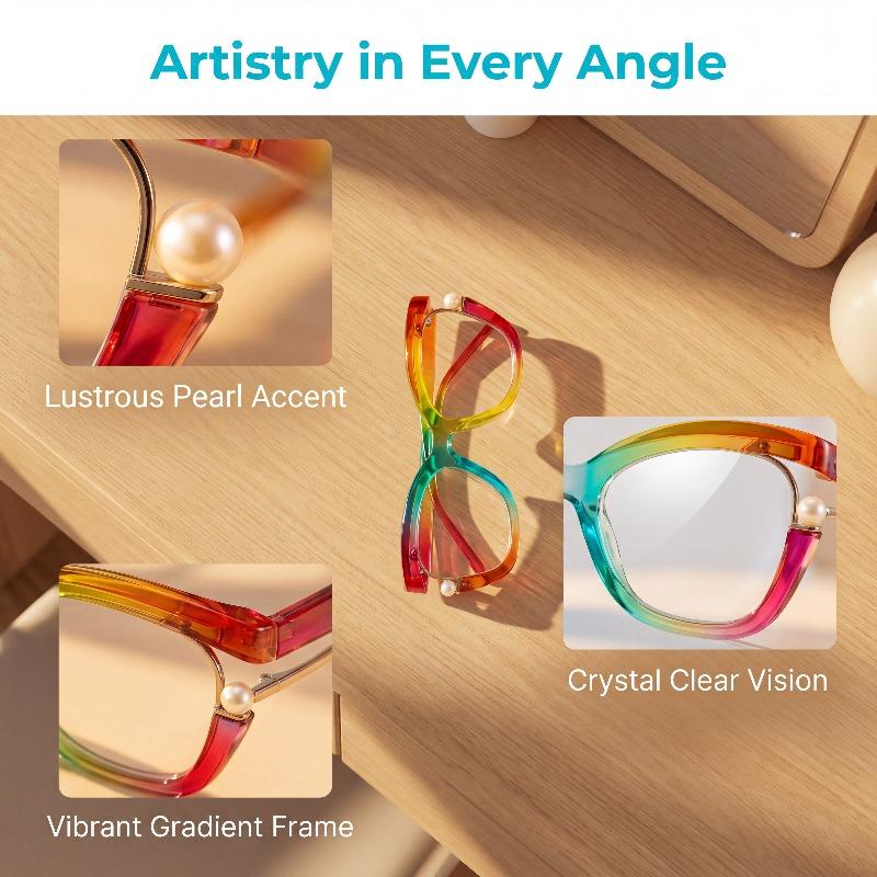 Stylish, oversized unisex glasses featuring a distinctive colorful cat-eye design, pearl accents, and a gradient frame. Equipped with metal hinges, they are ideal for computer use, reading, and everyday wear.