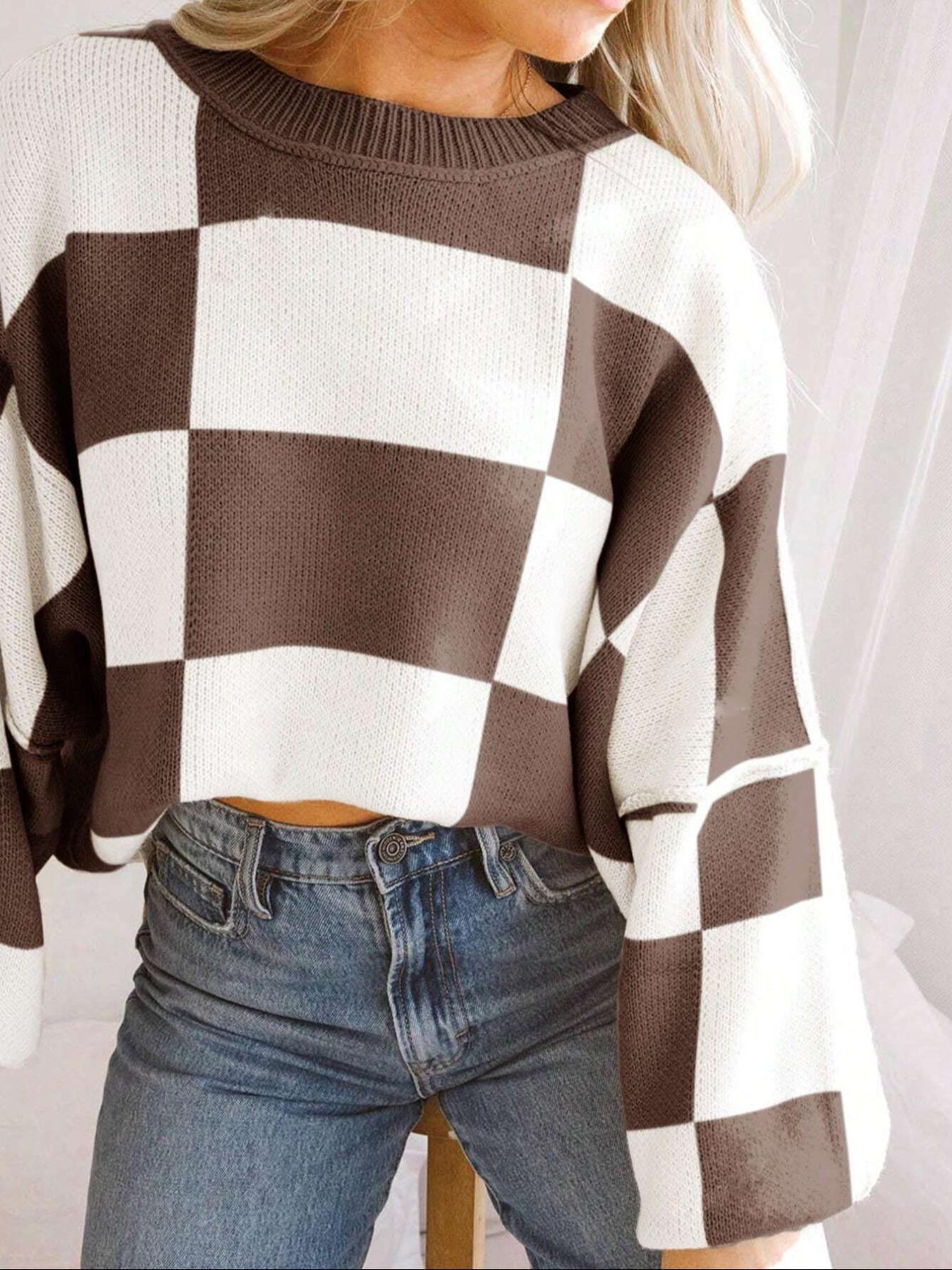 Plus Size Plaid Drop-Shoulder Knitted Sweater, Casual Long-Sleeve Knitwear Womenswear for Fall & Winter, Loose-Fitting Round Neck Pullover for Women