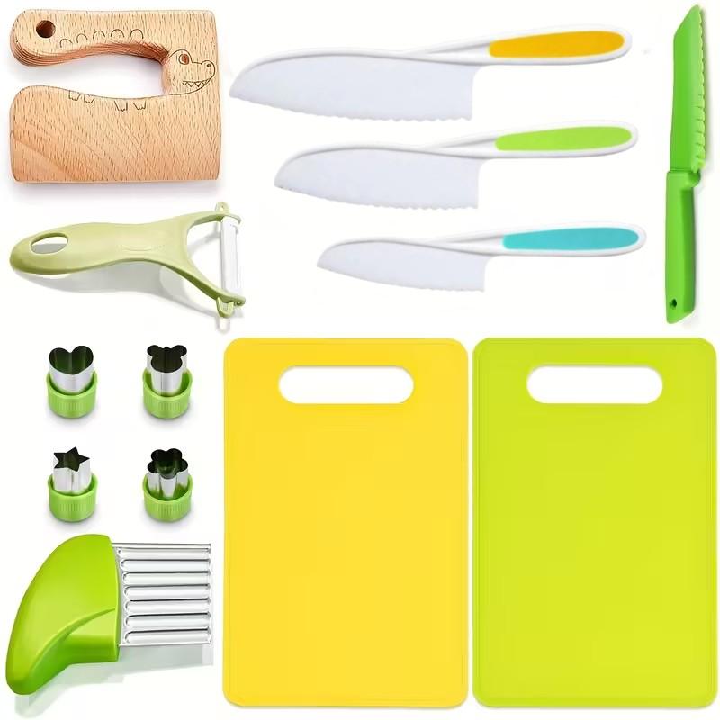 13-Piece Kids Kitchen Wooden Tool Set Play Kitchen Accessories Includes Cutting Board Sandwich Cutter Peeler Perfect Real Cooking Gift for Toddlers Birthday Present Kitchen Pretend Play Set