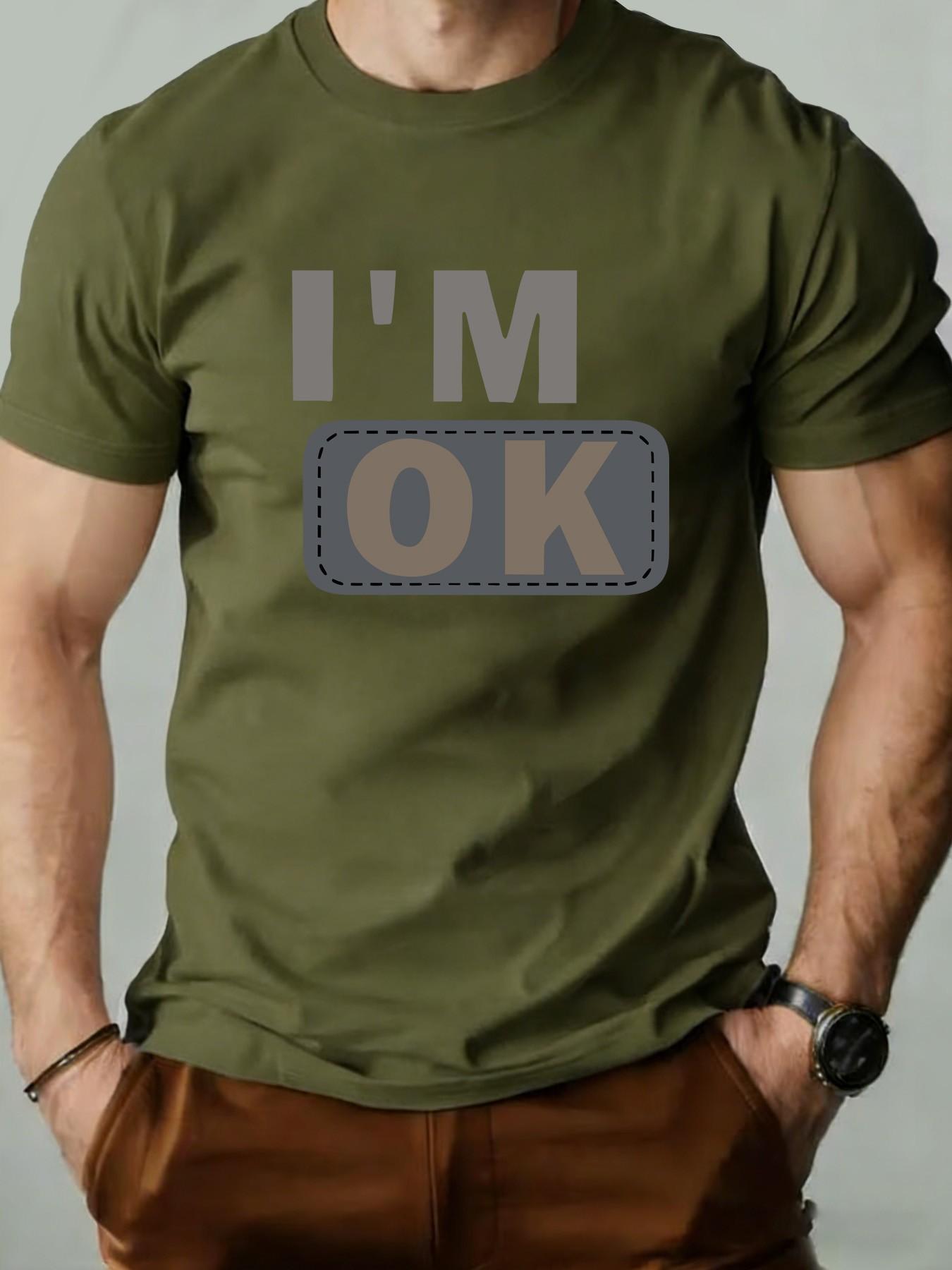 Men's Round Neck T-Shirt, Fashion I'm Ok Patch Design, Geometric Print, Retro Style, Long Sleeve, Casual Wear, Perfect Gift