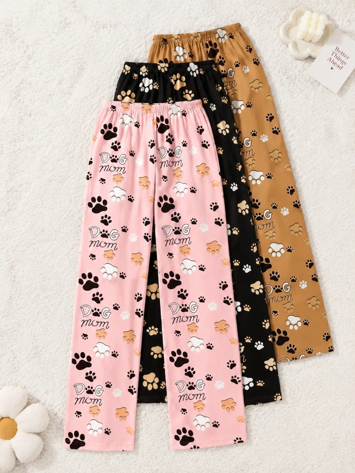 Women's 3-Piece Pajama Set, Cute Animal Print, Soft Stretchy Fabric, Ankle-Length, Boho Style, All Seasons, Loose-Fit, Contrast Binding, Loungewear