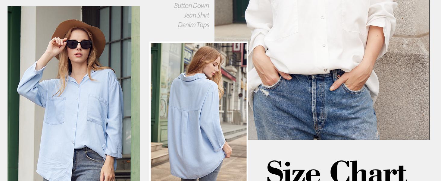 Yimoon Womens Denim Shirt Chambray Blue Button Down Jean Shirts Denim Tencel 3/4 Sleeve Tops
