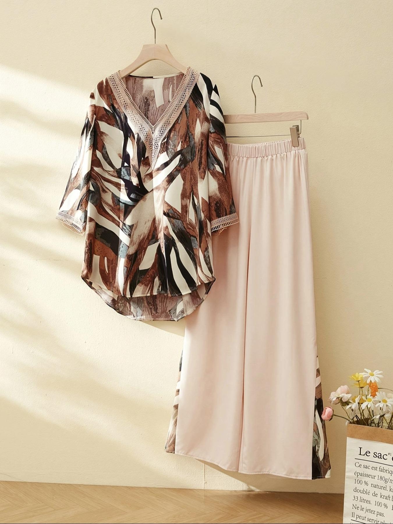 New V-Neck Geometric Pattern Straight Leg Wide-Leg Pants Set, Casual Comfortable Fitted Vacation Outfit, Women's Fashion Clothing