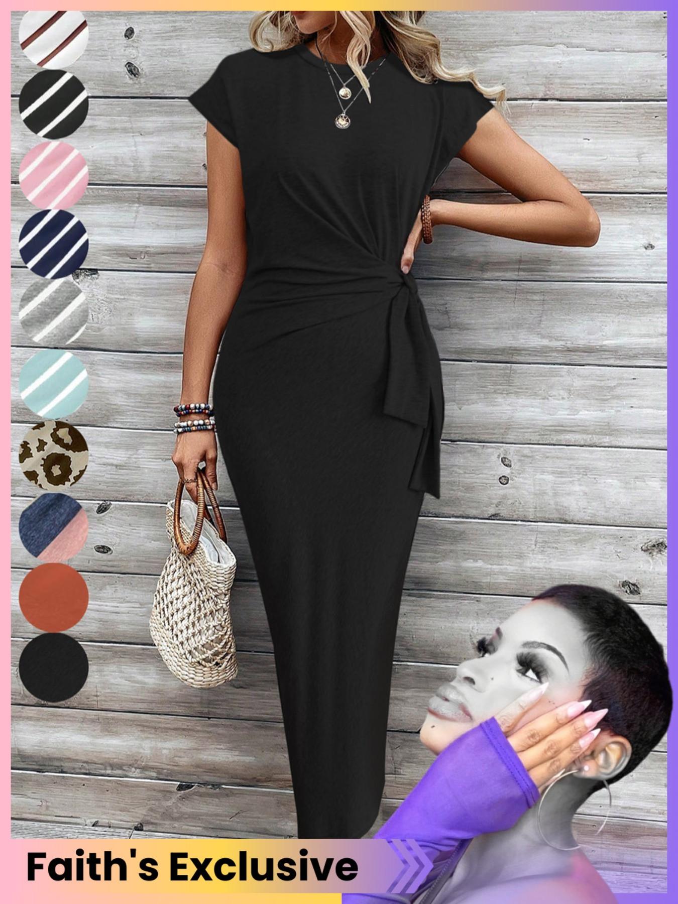 Women's Striped Print Knot Bodycon Dress, Summer Outfits 2024, Elegant Drop Shoulder Short Sleeve Long Dress for Summer, Sundress Maxi Dress, Frenchy Style Ladies Clothes for Beach Holiday