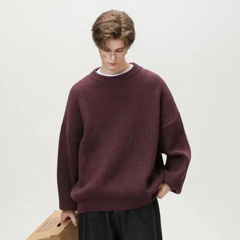 Men’s Chunky-Knit Crewneck Pullover Knitwear - Menswear, Vintage Purple, Slim Fit, Dropped Shoulders, Relaxed American Style, Thick Warm, Autumn-Winter Wear, Multi-Color Options