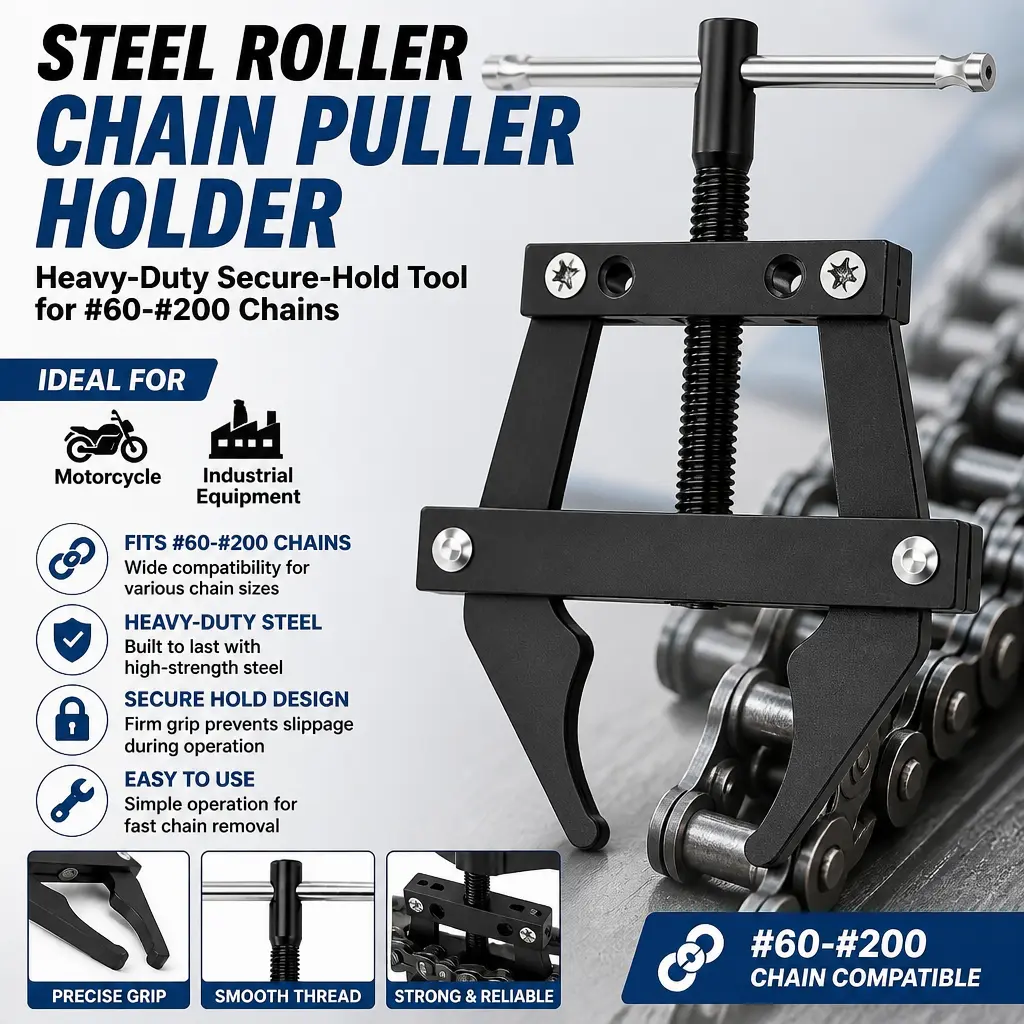 Solid Steel Roller Chain Puller Holder, Heavy-Duty Secure-Hold Tool for # 60 to # 200 Chains, Handy Maintenance Gadget for Motorcycle and Industrial Equipment