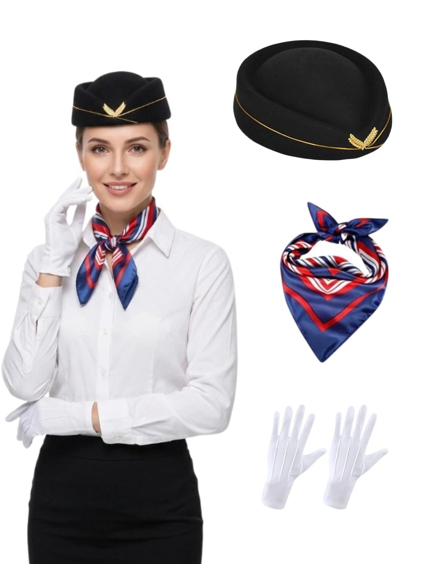 3-Piece Holiday Flight Attendant Costume Set for Women, Includes Hat, Scarf, Gloves, Perfect for Role Play, Vintage Stewardess
