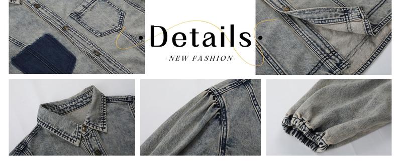 Naeduo Women's Denim Dress Long Balloon Sleeves Buckle A-line Ruffled Jeans Mini Doll Dress With Breast Pocket Summer Womenswear