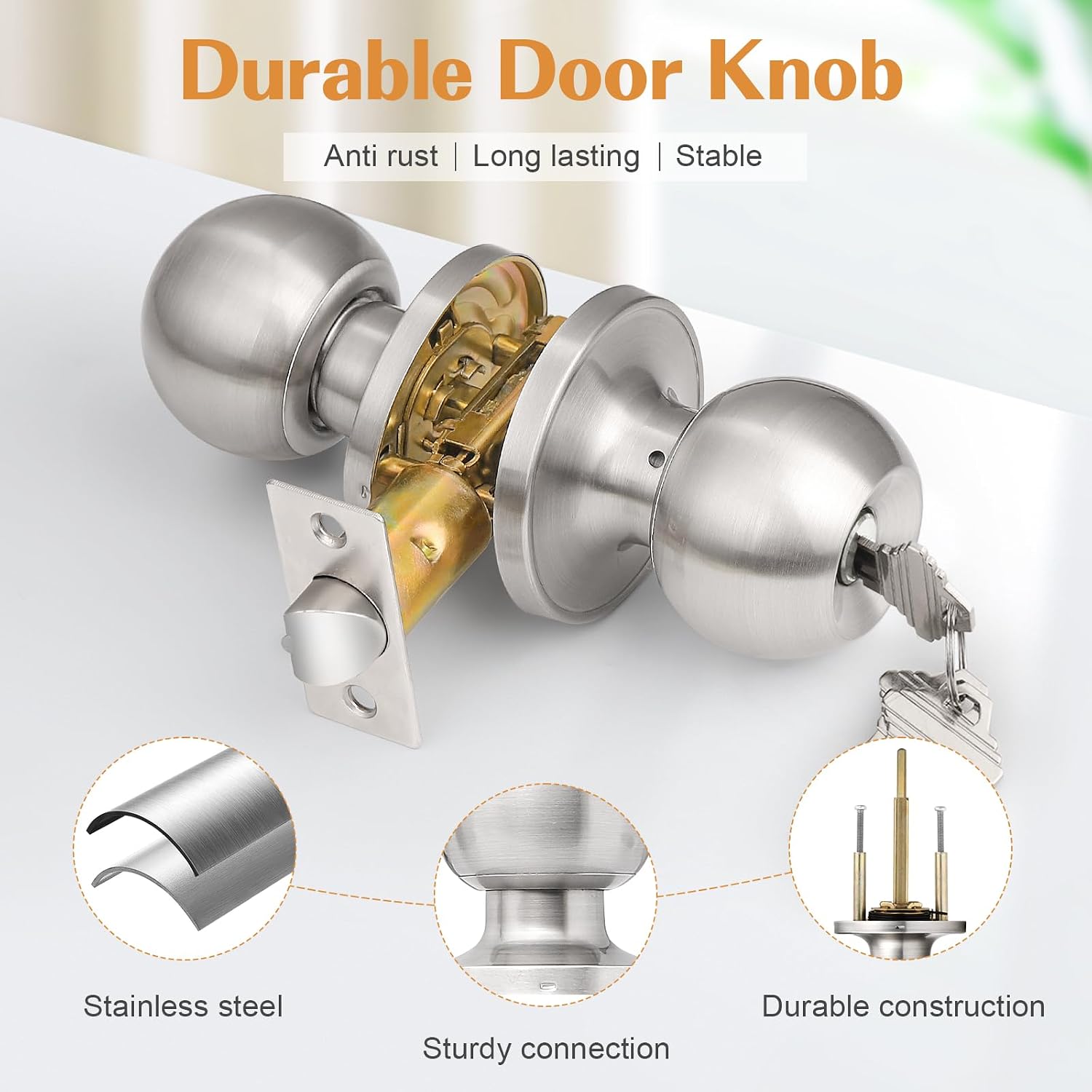 Exterior Door Knob with Lock and Key, Brushed Nickel Foor Knobs 1 Pack, Bedroom Door Knobs Modern Round Ball Style