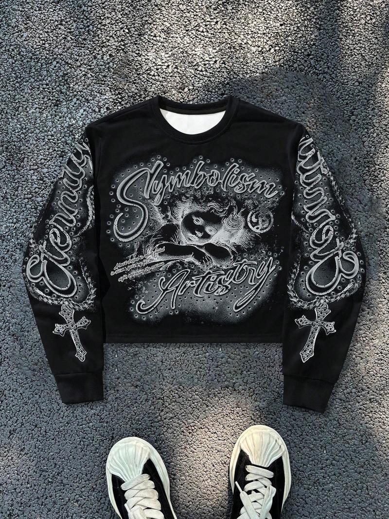 Unisex Streetwear Angel Print Design Sweatshirt, Loose-fitting Casual Long Sleeve Crewneck for Fall & Winter Fashion