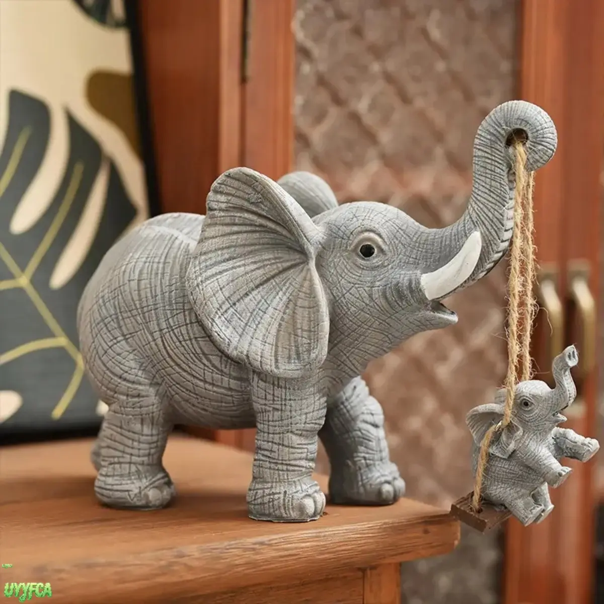 2-Piece Mother And Baby Swinging Elephant Resin Figurine,3D Textured Animal Statue With Jute Rope Swing, Rustic Desktop Tabletop Ornament, Warm Family Home Decor, Handcrafted Art Sculpture For Holiday,back to school,back to school haul