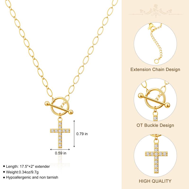 Tewiky Women’s Gold Adjustable Chain Necklace with Cross Pendant – Dainty Link, Paperclip Cuban Rope Choker, T-Bar Adjustable Clasp, Chunky Necklace For Valentine's Day gifts