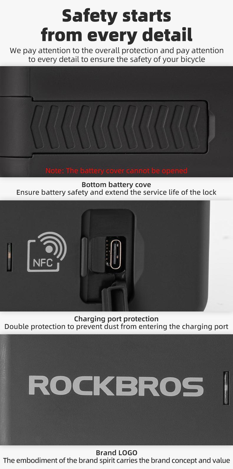 ROCKBROS Smart U Lock NFC Unlocking (NFC fuction phone only),MTB Road Bike Lock  Anti-theft Lock Waterproof Rechargeable Safety Lock