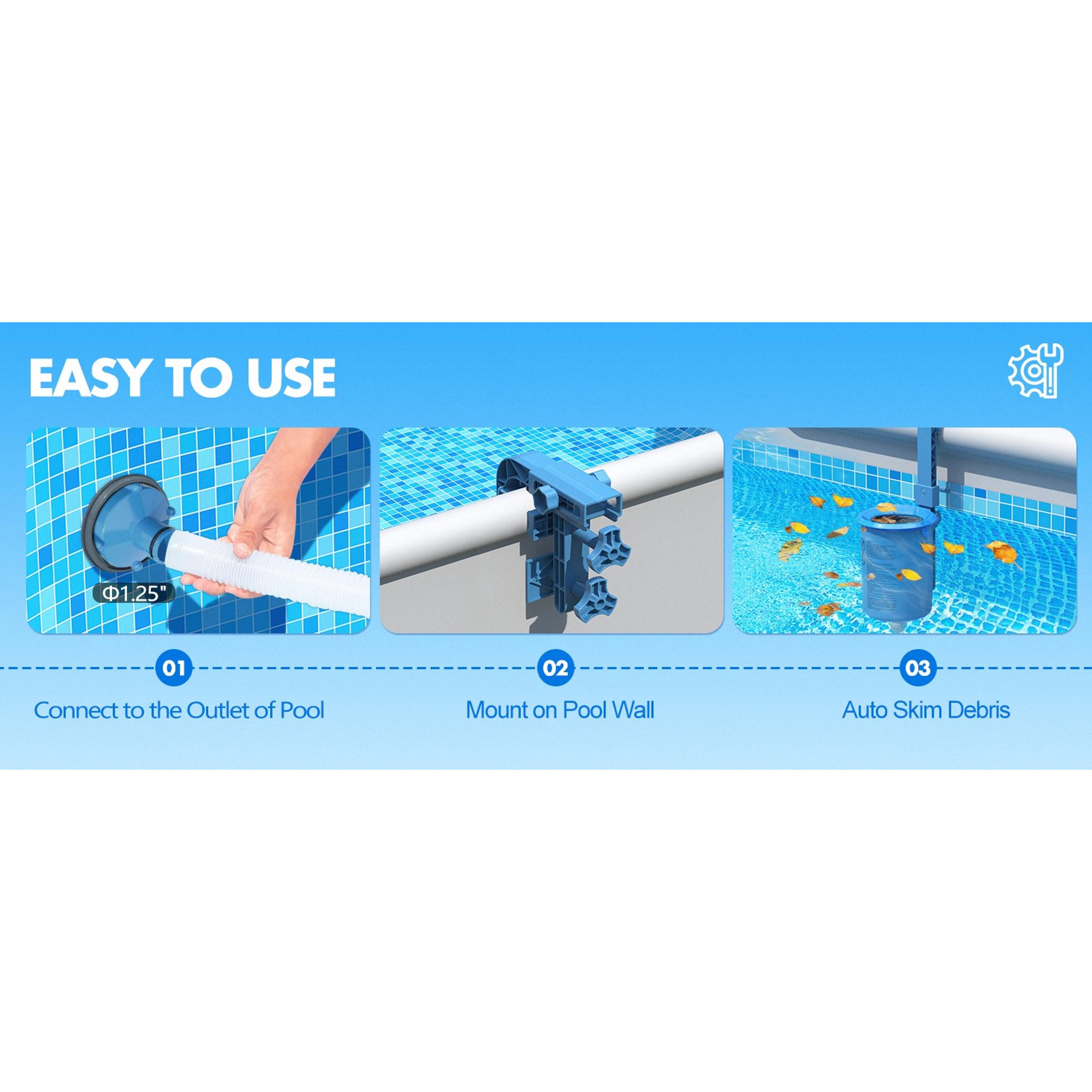 Upgrade Above Ground Pool Skimmer Comes with 3 Socks, Anti-tilt Wall Mount Surface Skimmer, Removable Skimmer Basket, Adjustable Height Bracket, Auto Skimming Pool Surface Leaves - Blue
