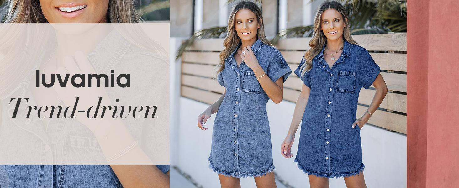 luvamia Denim Dress for Women Button Down Short Sleeves Casual Summer Jean Shirt Dresses with Pockets Frayed Hem Womenswear Shortsleeve Minimalist valentine's day outfit graduation dress birthday dresses