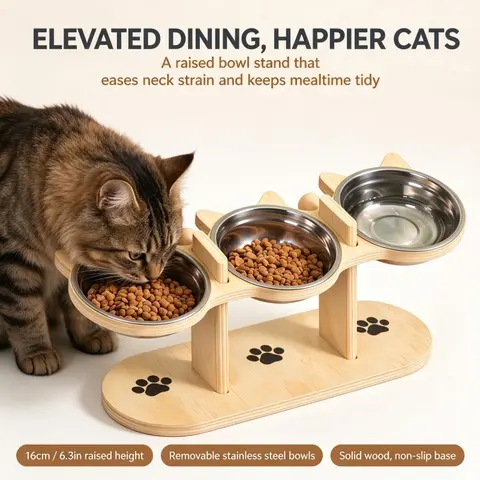 Wooden Cat Bowl Stand, Elevated Cat Feeder with 3 Removable Bowls, 16.85 in Raised Rack, Stable Base for Dogs and Cats