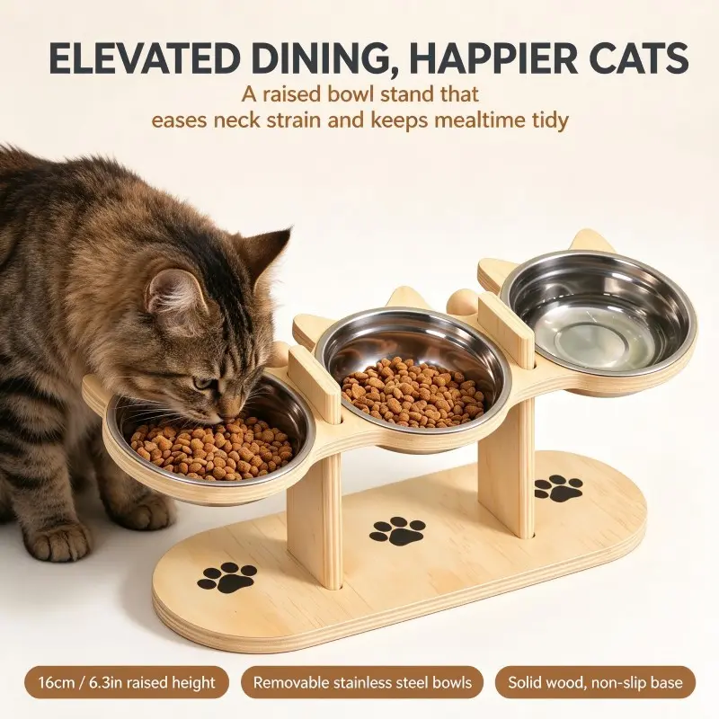 Wooden Cat Bowl Stand, Elevated Cat Feeder with 3 Removable Bowls, 16.85 in Raised Rack, Stable Base for Dogs and Cats