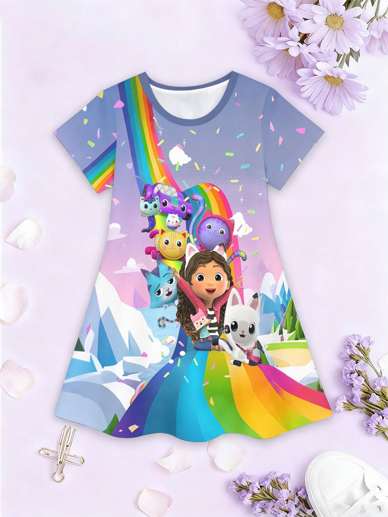 Girls' Gabby Doll House Ice Rainbow A-Line Dress, Cute Cartoon Short Sleeve Dress, Fashion Outdoor Wear, Birthday Gift, Holiday Gift