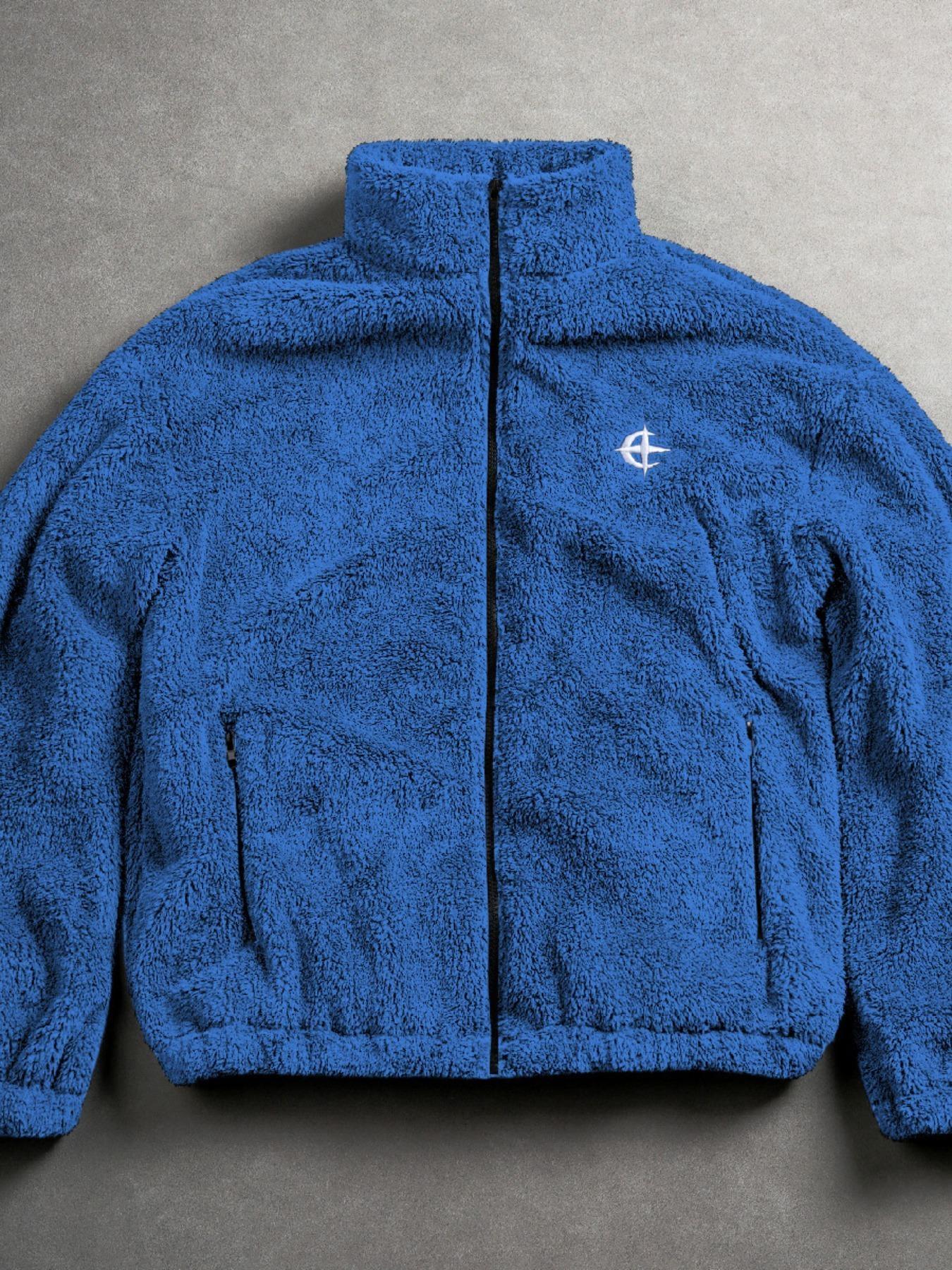 Men's Blue Fleece Jacket, TikTok Viral Street Style Oversized Warm Fleece Coat, Fashionable Casual Outerwear for Daily Wear & Ideal Christmas Gift