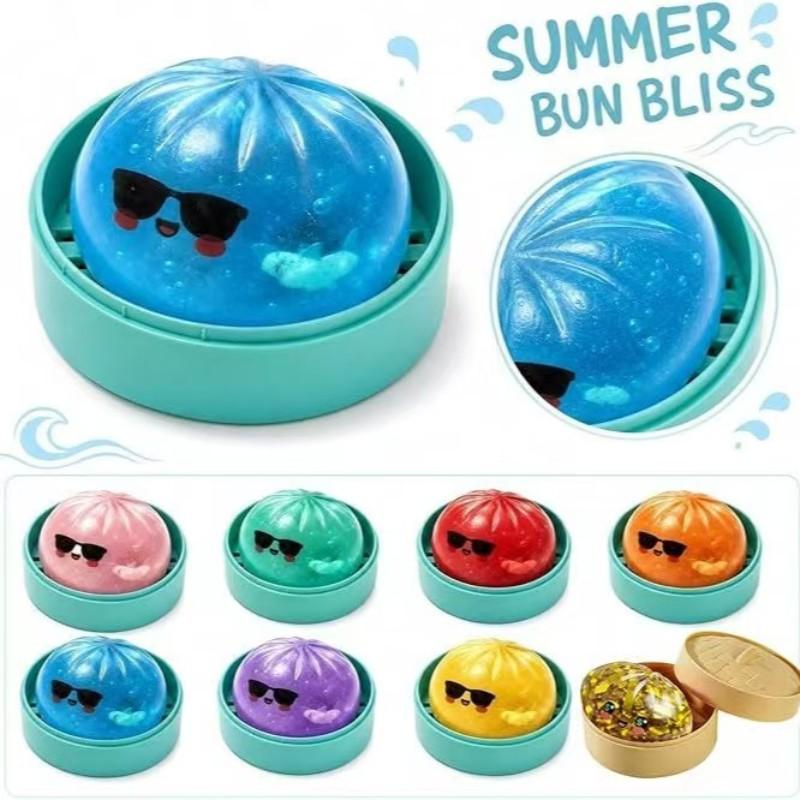 4-Pack Blue Shark Baozi Squishy Toy, Cute Decompression Squishy Stress Relief Squeezing Toy with Sunglasses, Mini Steamer Storage Box, Adult & Kids Desk Gift