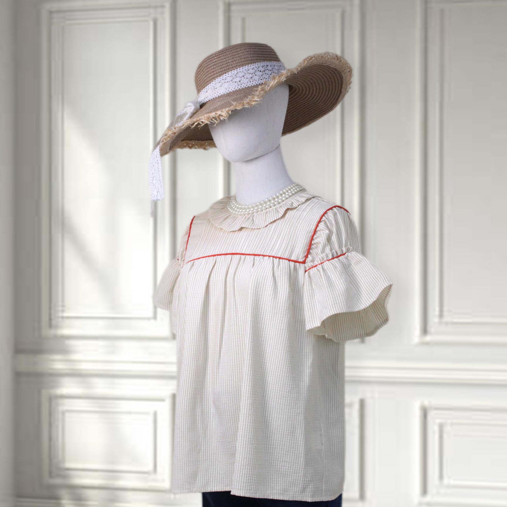 SageVell Beige/Blue Striped Pleated Blouse with Ruffle Sleeves & Red Contrast Trim Top, Round Neck Short Cotton-blend Shirts for Women