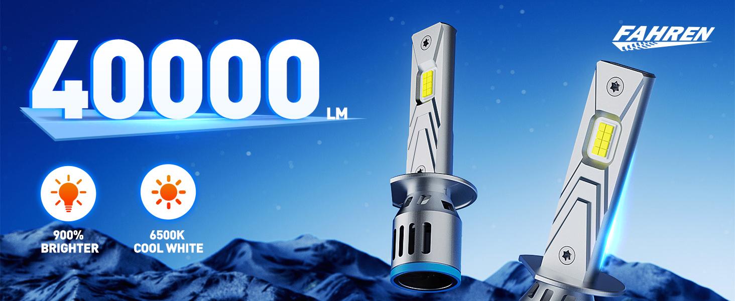 FAHREN Upgraded H1 Automotive LED Headlight & Fog Light Bulbs, 40000LM Ultra High Lumens, 900% Increased Brightness, 6500K Cool White Light, 2 Pack FAHREN Upgraded H1 Automotive LED Headlight & Fog Light Bulbs, 40000LM Ultra High Lumens, 900% Increased Brightness, 6500K Cool White Light, 2 Pack