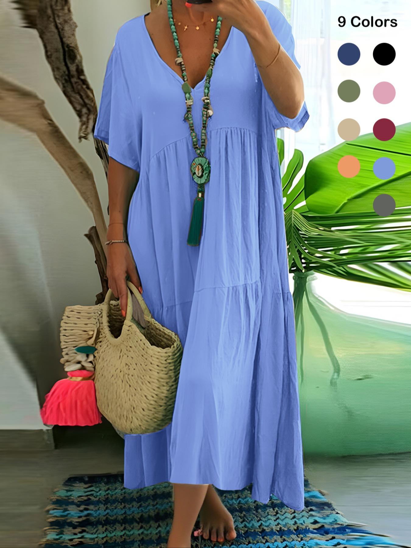 Plus Size Women's Summer Casual Loose V-Neck Plain Long Dress, Bohemian Boho Style, Short Sleeve, Tiered Layer, Spring & Fall Fashion