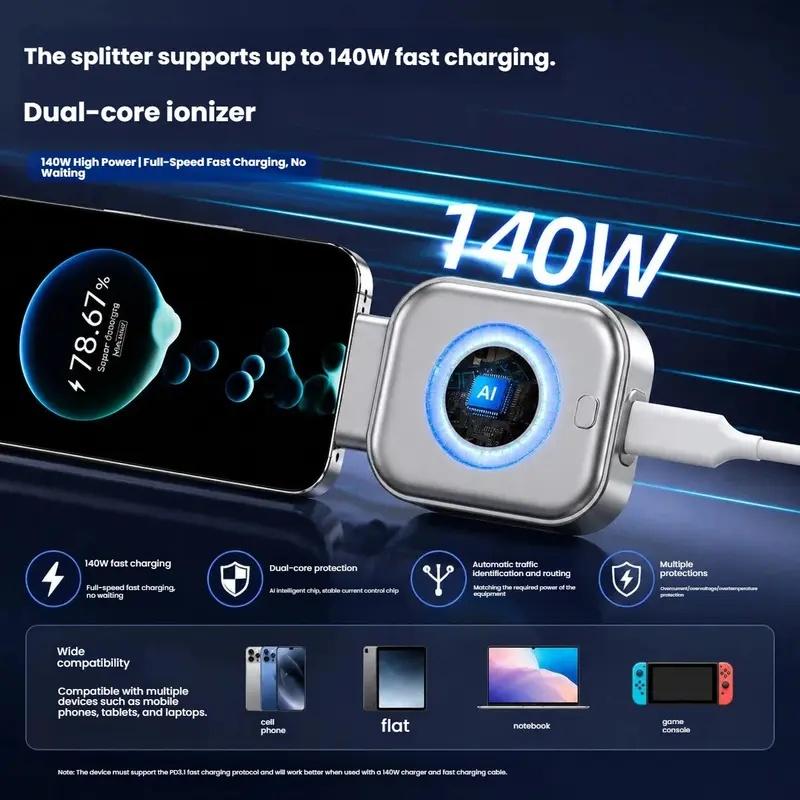 Intelligent automatic stop charging adapter, 140W USB-C PD Fast Charger automatic disconnection charger, equipped with a charging completion pop-out device, intelligent power-off protector, safe overnight charging, compatible with various Type-C devices