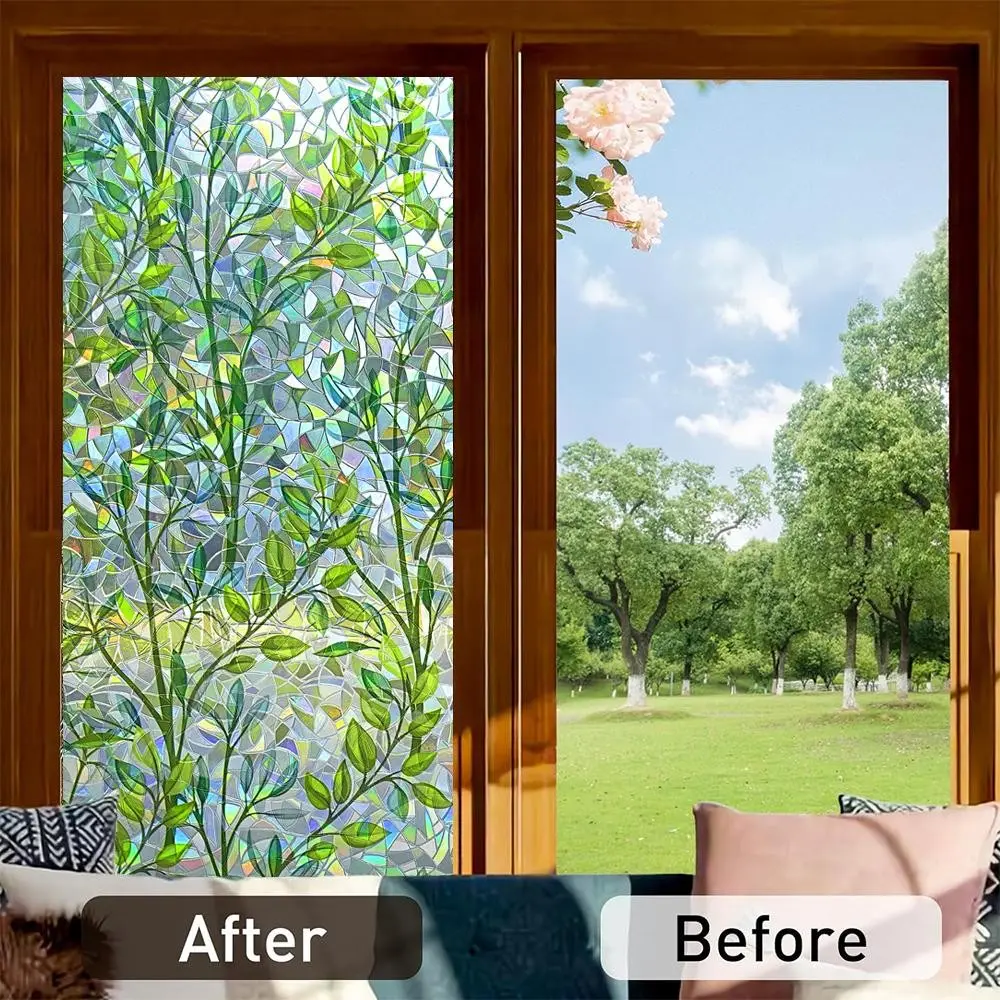 44.5cm/17.5in Wide 3D Leaf Stained Glass Static Cling Decorative Window Film, No Glue Water Install Rainbow Reflective Privacy Glass Sticker, for Living Room, Bedroom & Kitchen Windows