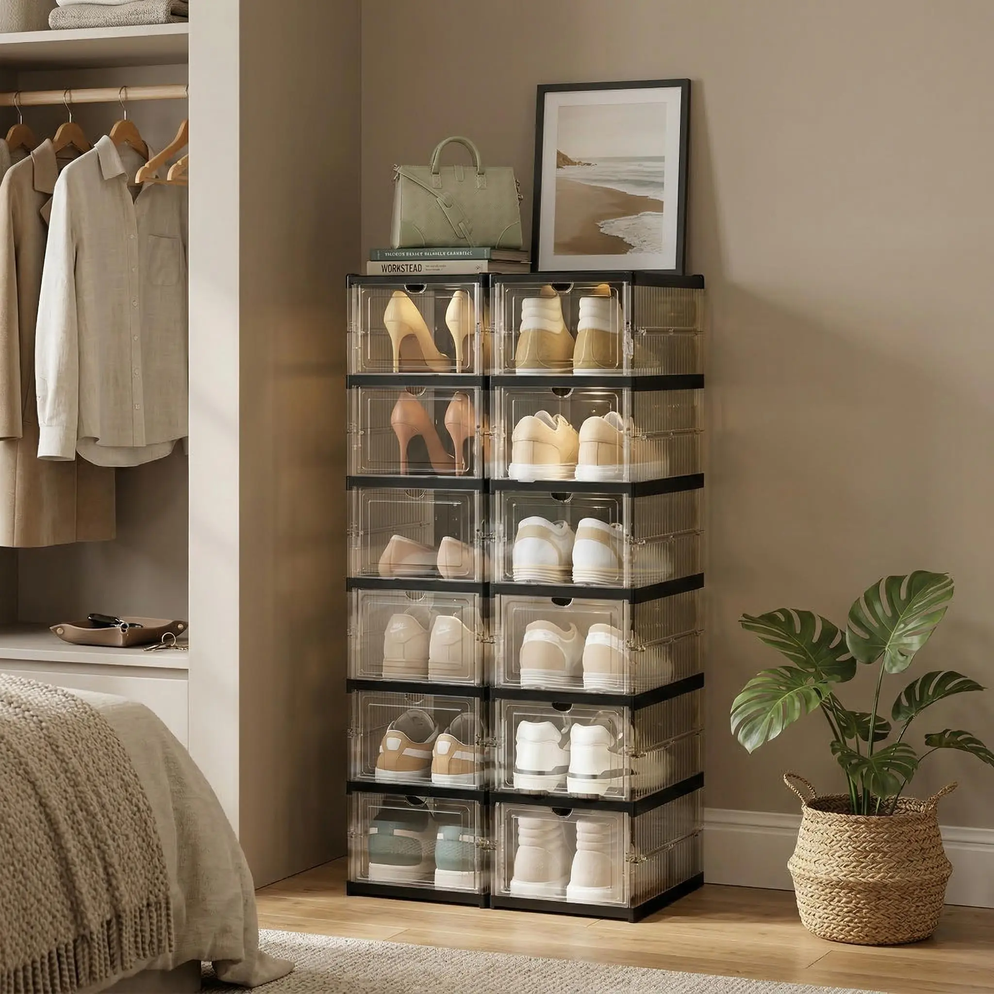 Clear Collapsible Plastic Shoe Storage Box, 6-Tier Stackable Shoe Rack Organizer, Installation-Free Foldable Storage Bins with Lid, Dustproof Shoe Tote Container