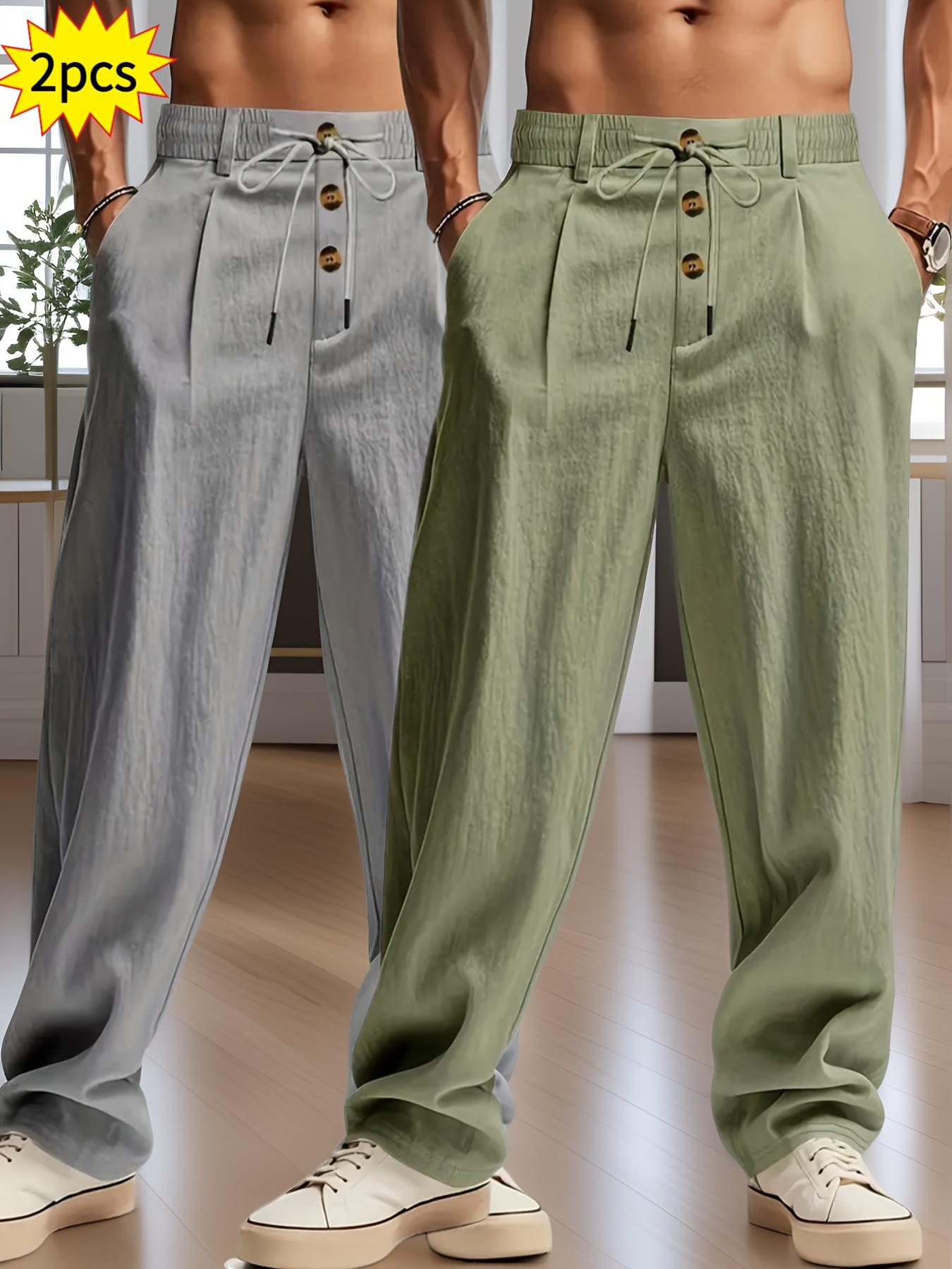 2 pieces men's plain-colored linen casual straight-leg pants, Casual Comfy Fashion, for spring, summer and autumn, with drawstring and faux buttons design, lightweight breathable, suitable for daily commuting, outdoor travel, fitness
